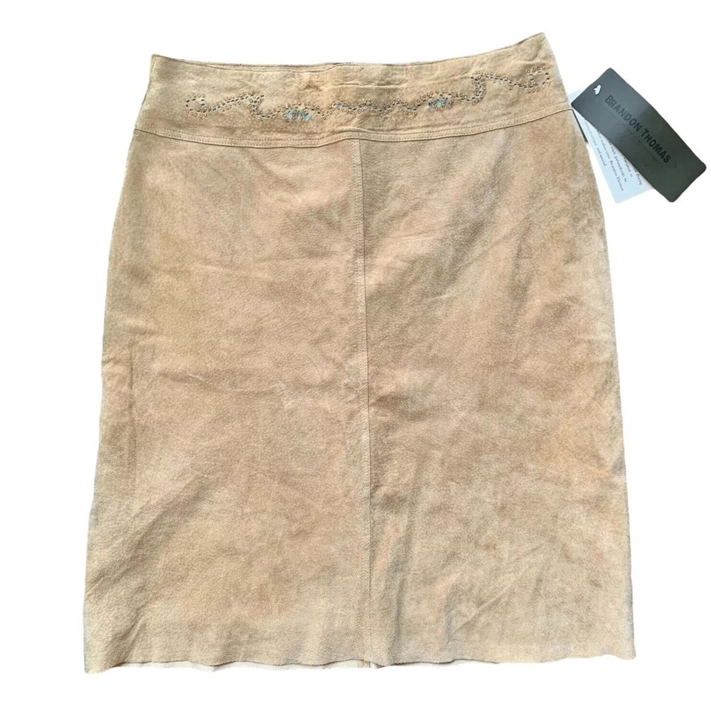 Brandon Thomas Genuine Suede Leather Beaded Pencil Skirt Beige Tan Size 14